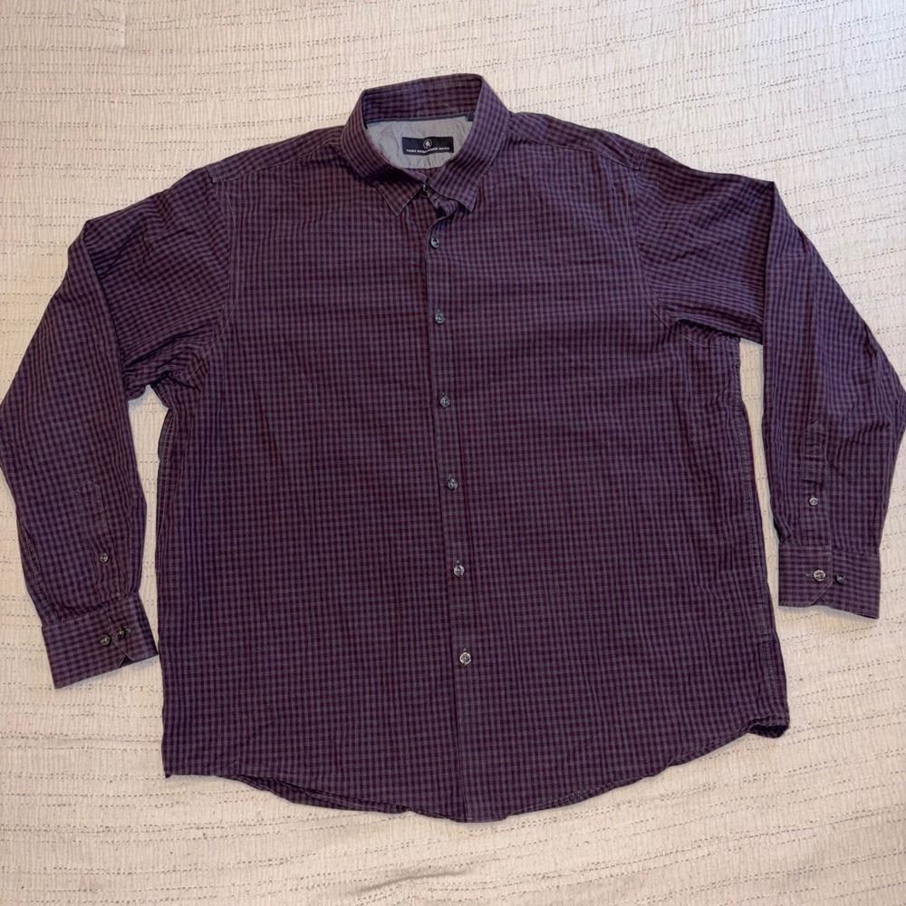 Hart Schaffner Marx Mens XL Burgundy Grey Check Button Down Cotton Shirt